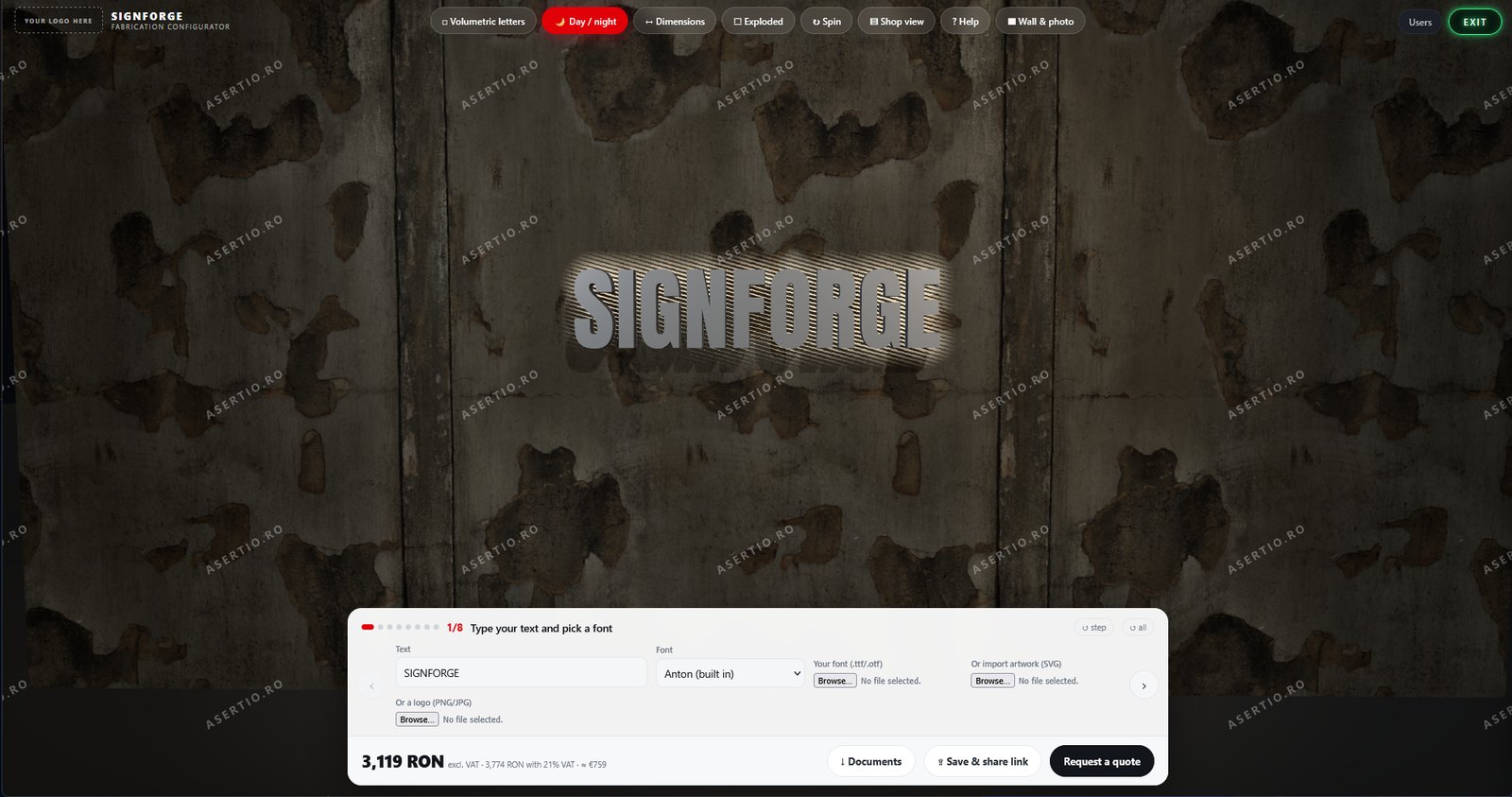 SignForge, the sign configurator. Volumetric letters previewed lit against a photographed wall, with the eight step wizard and the running price below.
