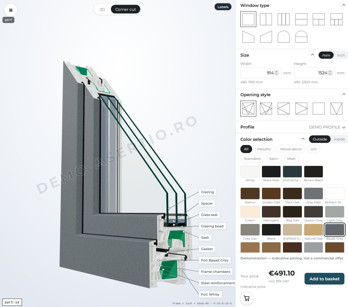 The window configurator. A sectioned 3D view of a window with every component labelled, beside controls for type, millimetre dimensions, opening style, profile system and finish, with a live price.